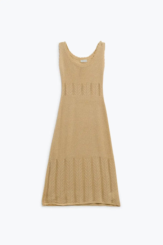 Sleeveless beige knit midi dress with round neck - Dresses