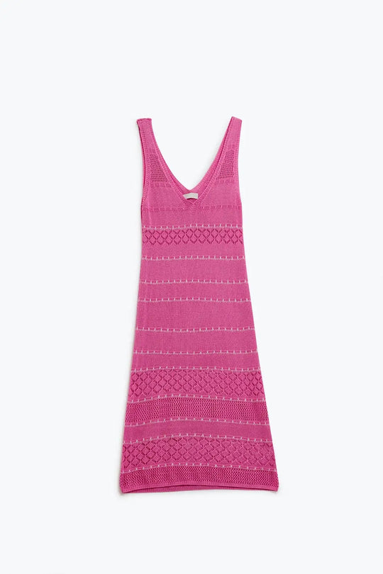 Fuchsia Midi Sleeveless Dress With V-neck and Crochet Design - PINK / ONE - Dresses