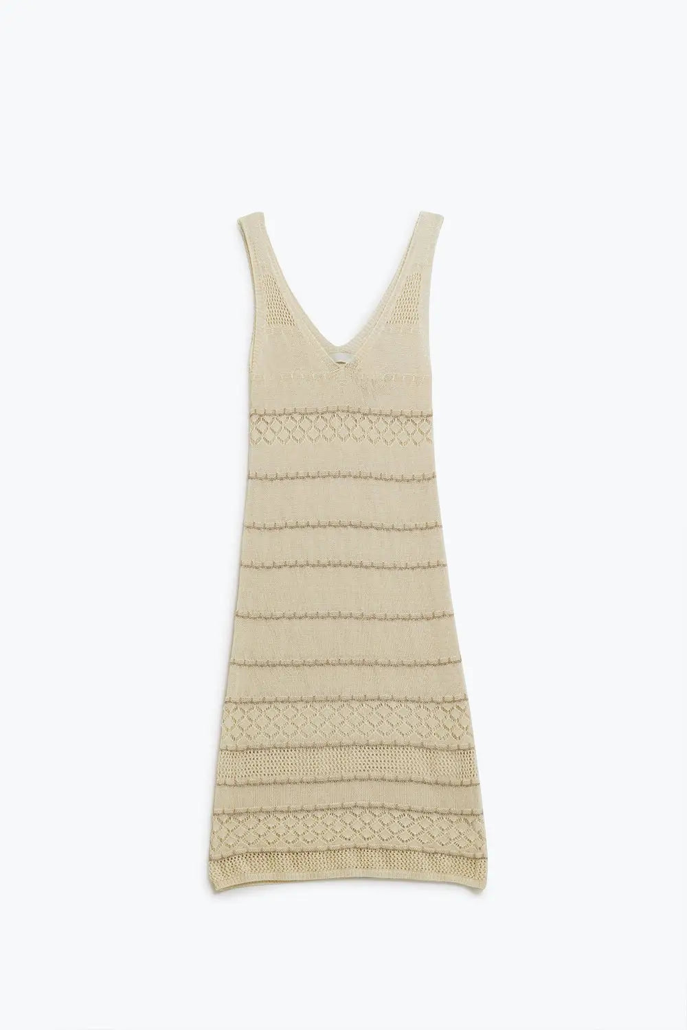 Cream Midi Sleeveless Dress With V-neck and Crochet Design - BEIGE / ONE - Dresses