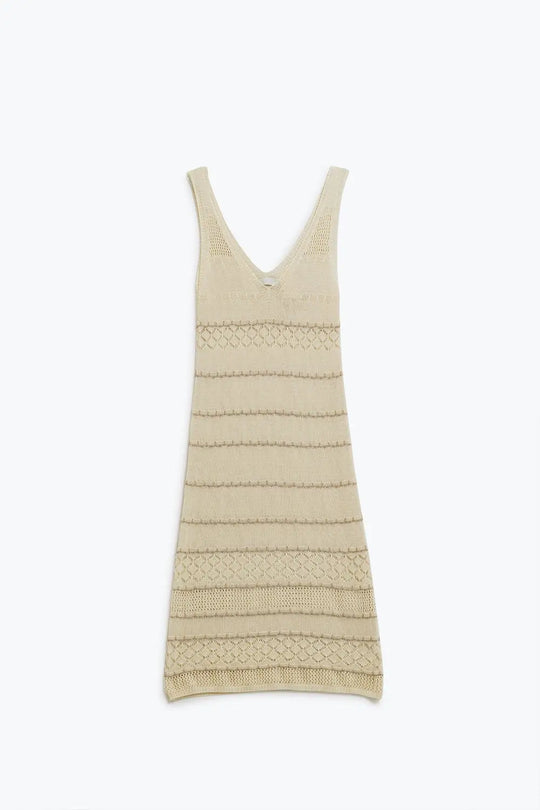 Cream Midi Sleeveless Dress With V-neck and Crochet Design - BEIGE / ONE - Dresses