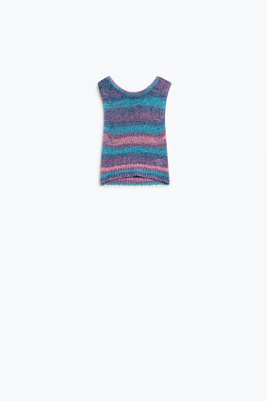 Knitted Dark Multicolor Sleeveless Sweater With Stripes and Crew Neckline - PURPLE / ONE - Sweaters
