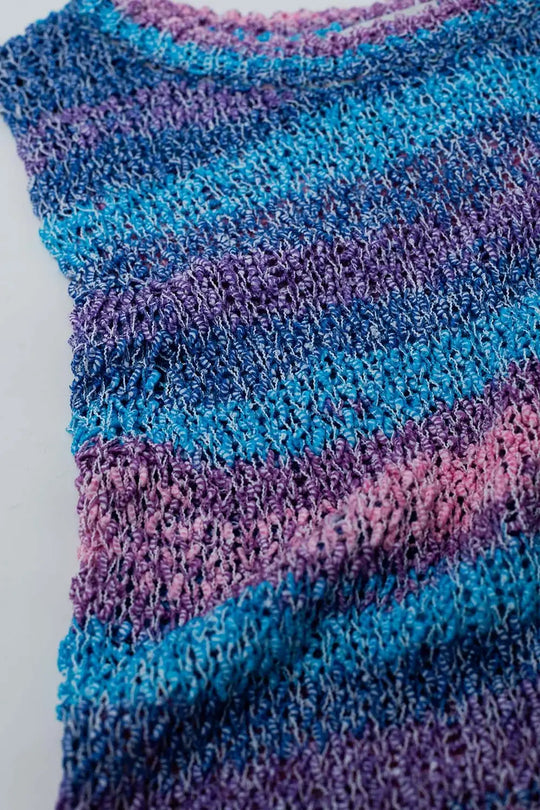 Knitted Dark Multicolor Sleeveless Sweater With Stripes and Crew Neckline - PURPLE / ONE - Sweaters