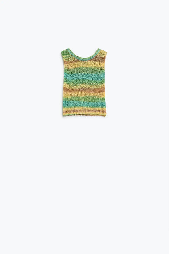 Knitted Multicolor Sleeveless Sweater With Stripes and Crew Neckline - GREEN / ONE - Sweaters