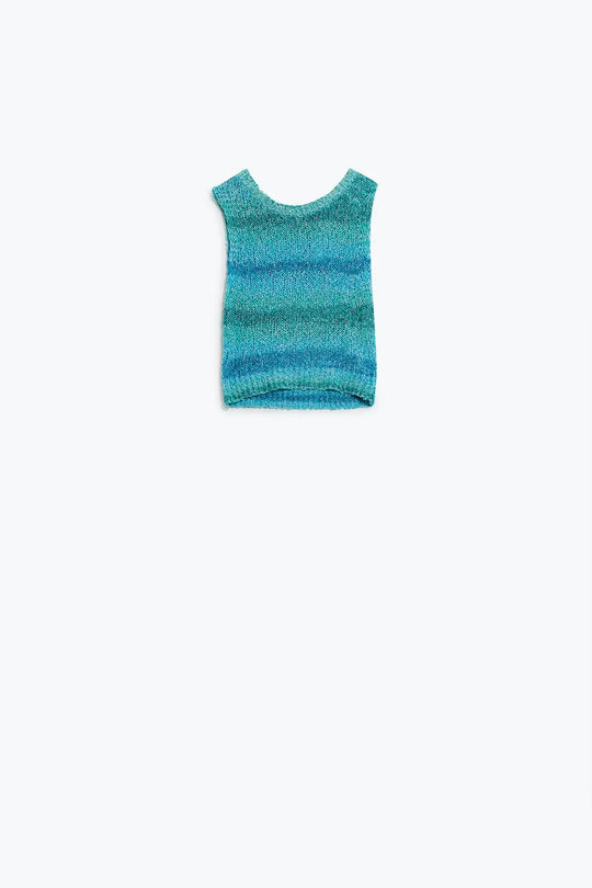 Knitted Tints of Blue Sleeveless Sweater With Stripes and Crew Neckline - BLUE / ONE - Sweaters