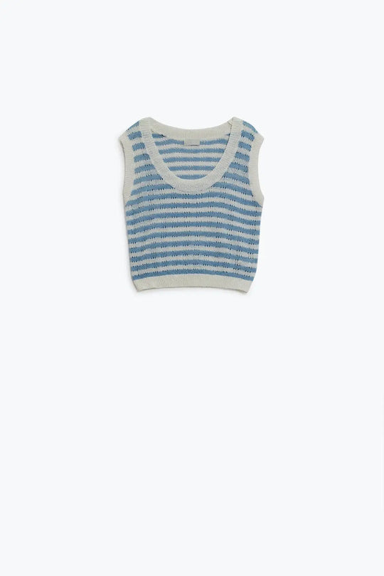 Open Knit Cropped Striped Sleeveless sweater in Blue and White - BLUE / ONE - Sweaters
