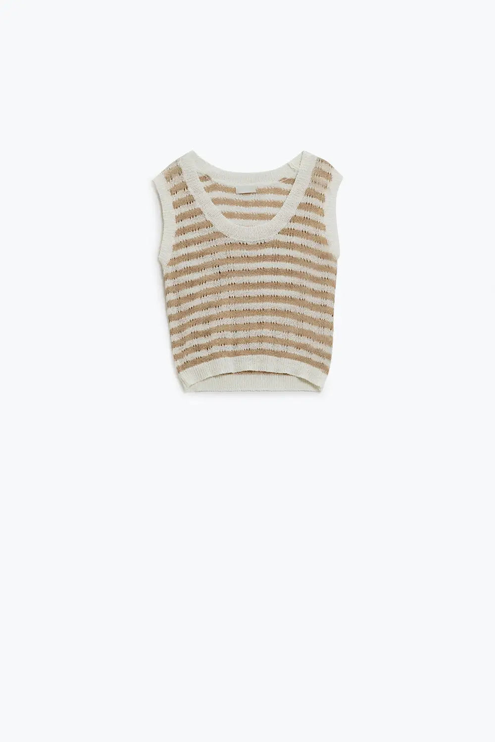 Open Knit Cropped Striped Sleeveless sweater in Brown and White - BEIGE / ONE - Sweaters