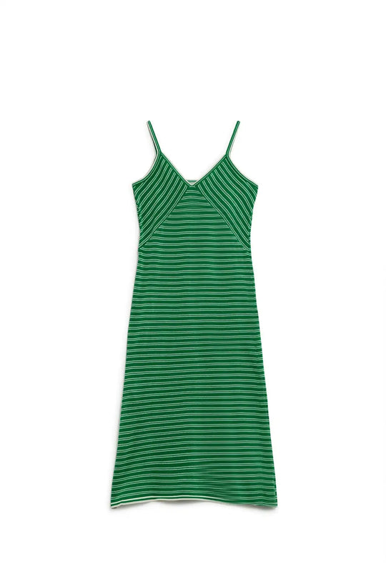 Green Midi Dress With Stripes And Spaghetti Straps - Dresses