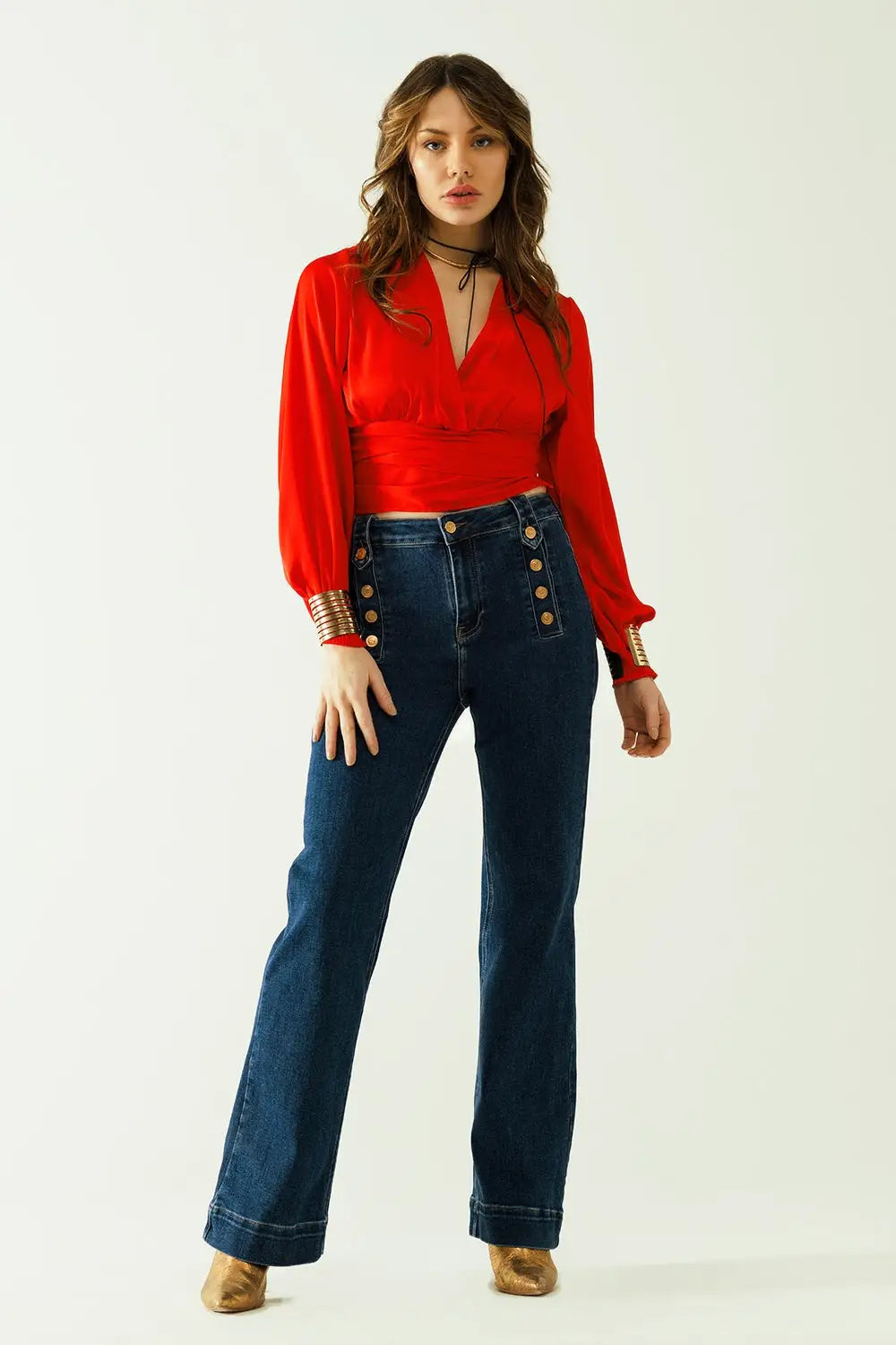 Short red crop top with long and wide sleeves - Tops