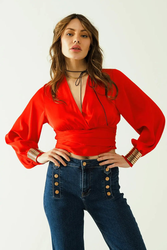 Short red crop top with long and wide sleeves - Tops