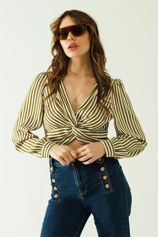 White long sleeves crop top with brown stripes and v-neck - Tops