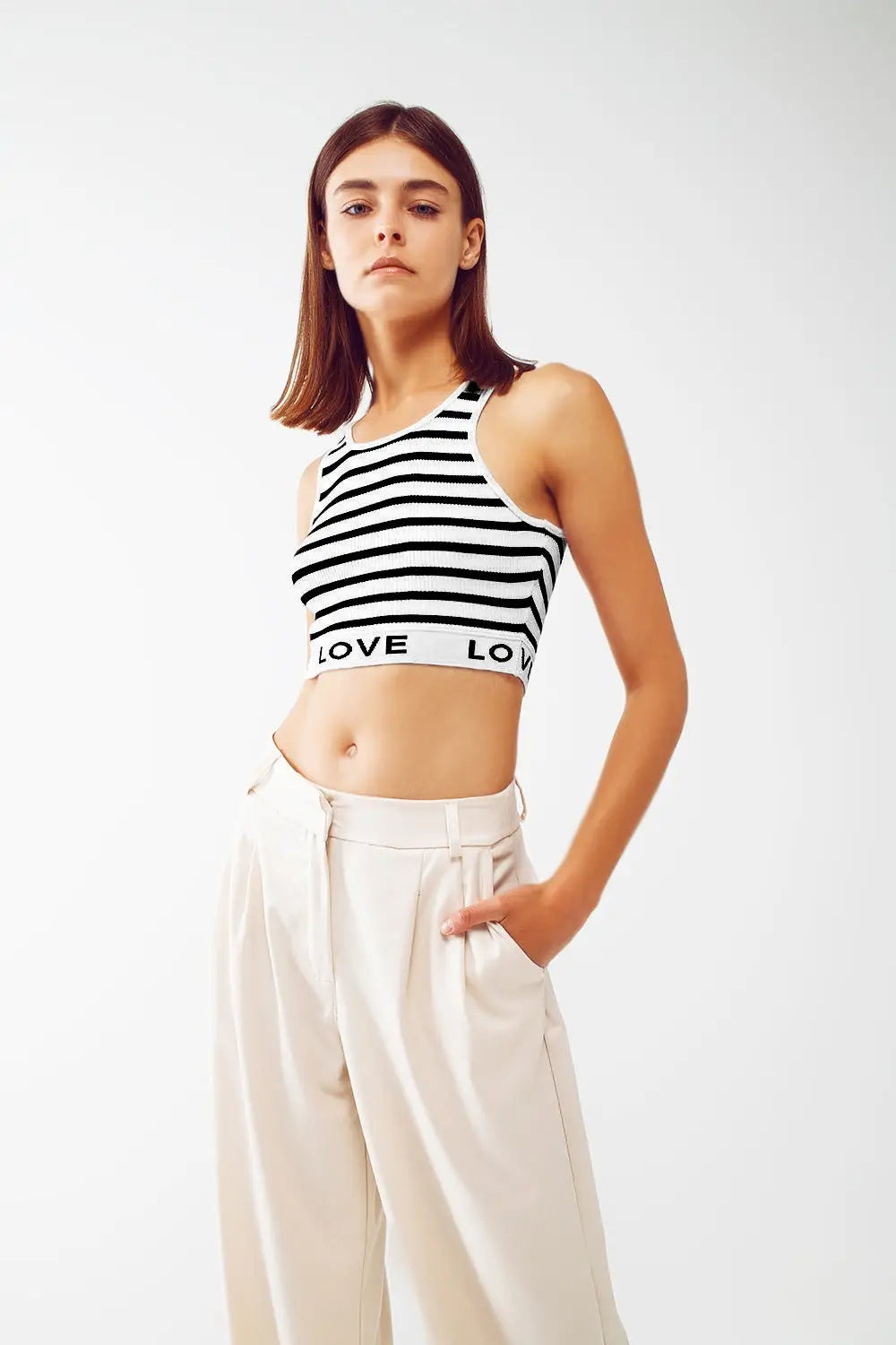 Striped Cropped Top with Love Text in White - BLACK / ONE - Tops Sweaters