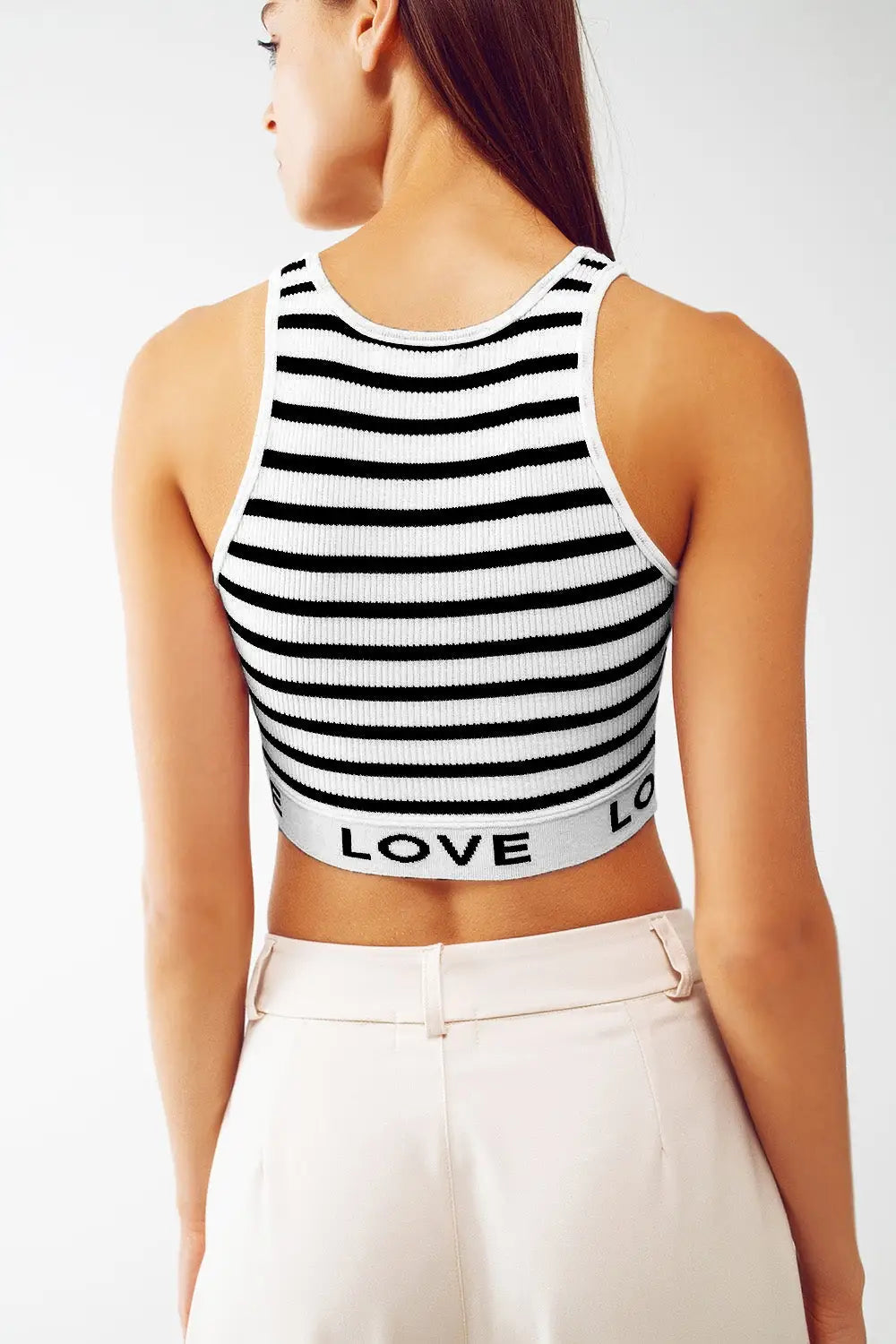 Striped Cropped Top with Love Text in White - BLACK / ONE - Tops Sweaters