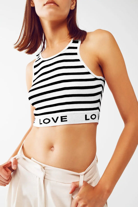 Striped Cropped Top with Love Text in White - BLACK / ONE - Tops Sweaters