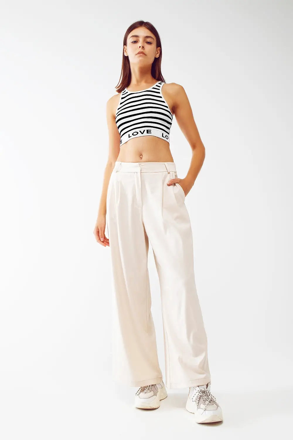Striped Cropped Top with Love Text in White - BLACK / ONE - Tops Sweaters