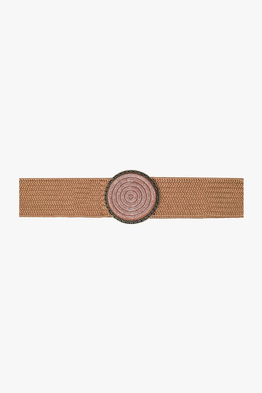 Pink woven belt with round buckle with rhinestones - BEIGE / ONE - Belts