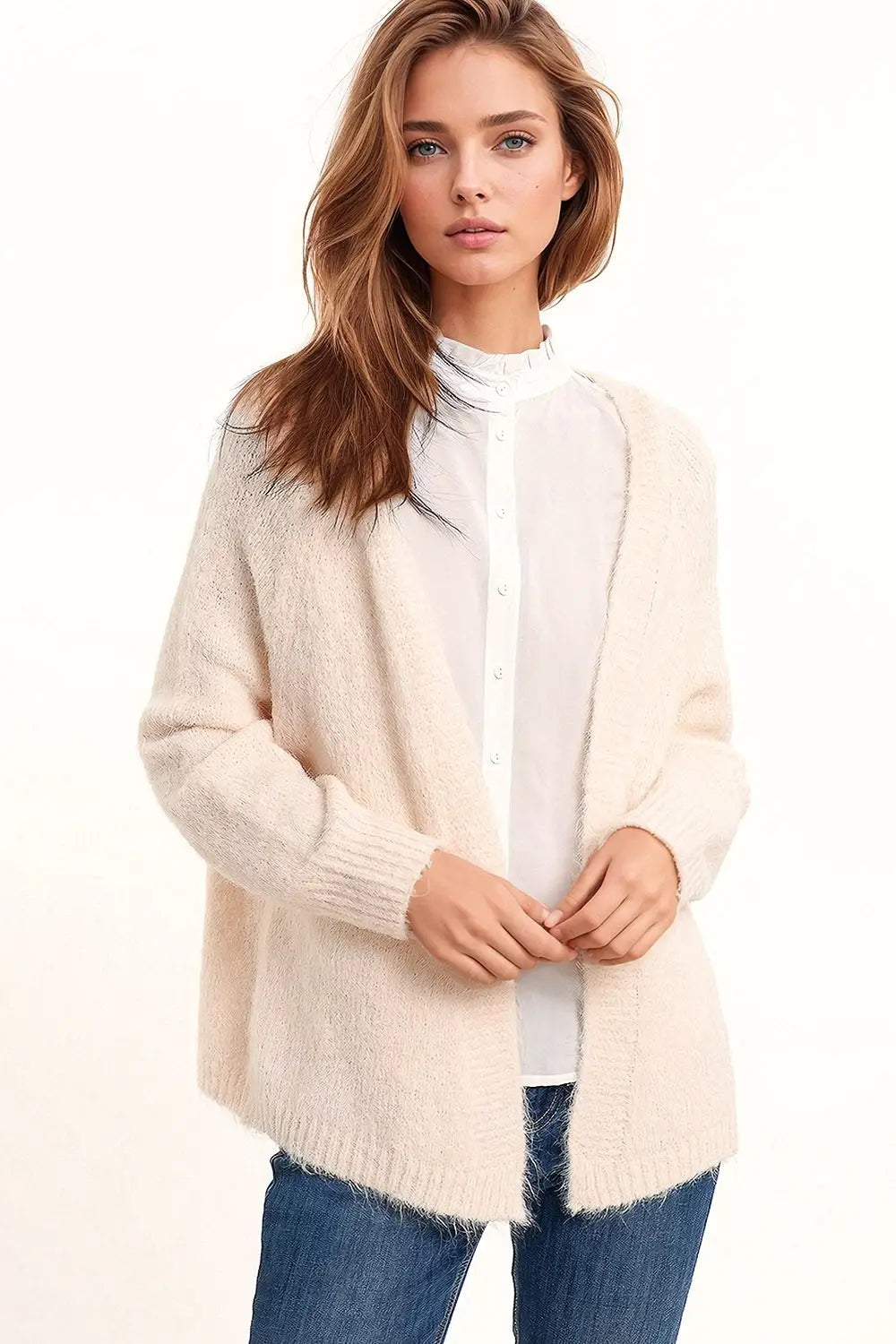 Oversized fluffy knit open cardigan in white with rib at them and cuffs - Cardigans