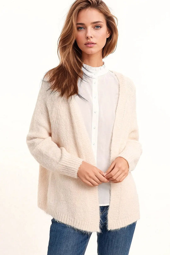 Oversized fluffy knit open cardigan in white with rib at them and cuffs - Cardigans