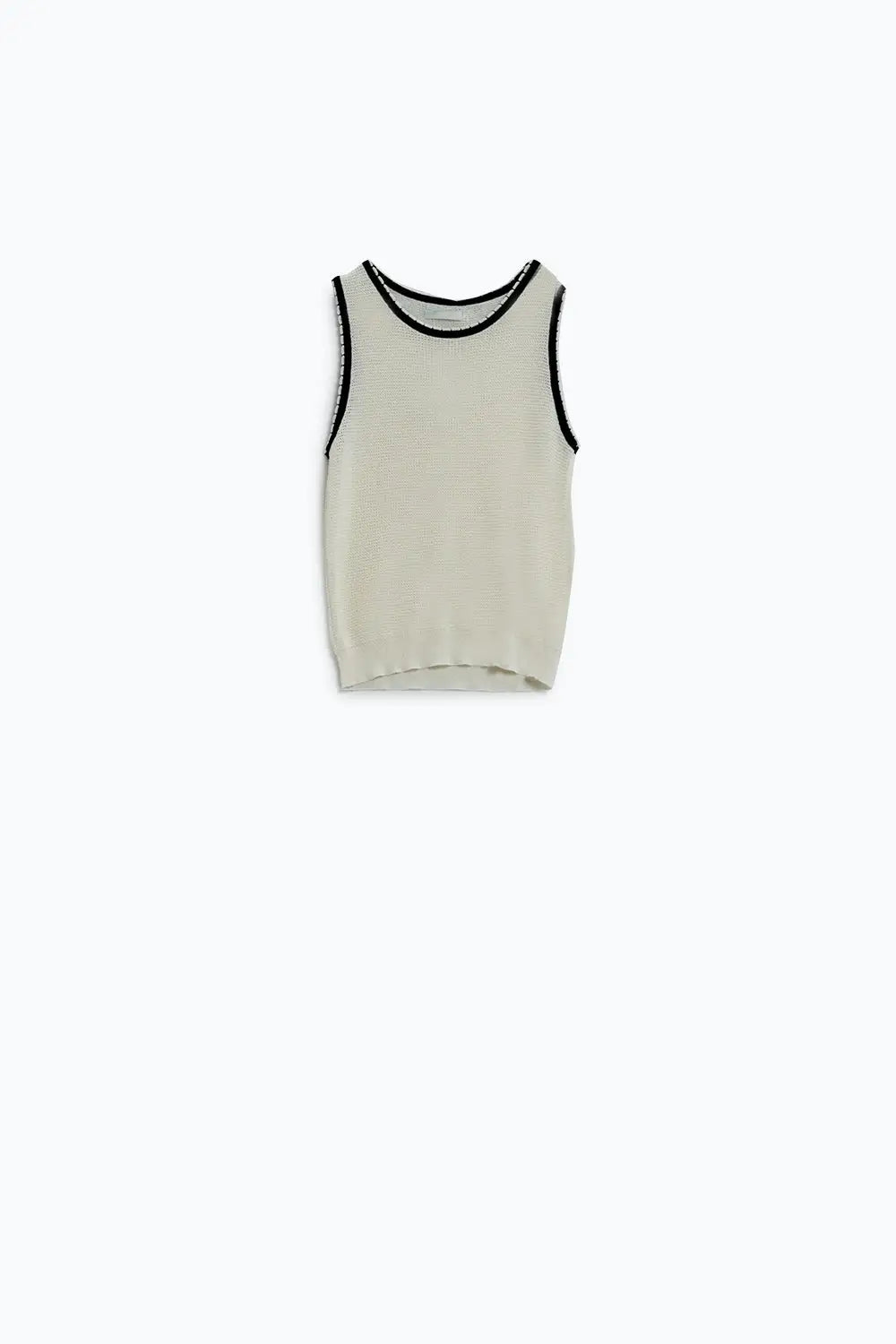 Pointelle White Sleeveless Top With Black and White Trim Detail - Sweaters