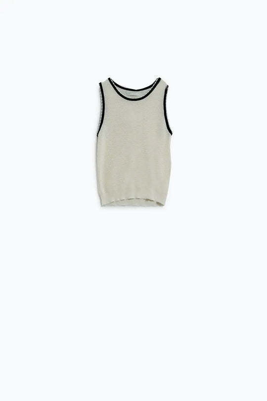 Pointelle White Sleeveless Top With Black and White Trim Detail - Sweaters
