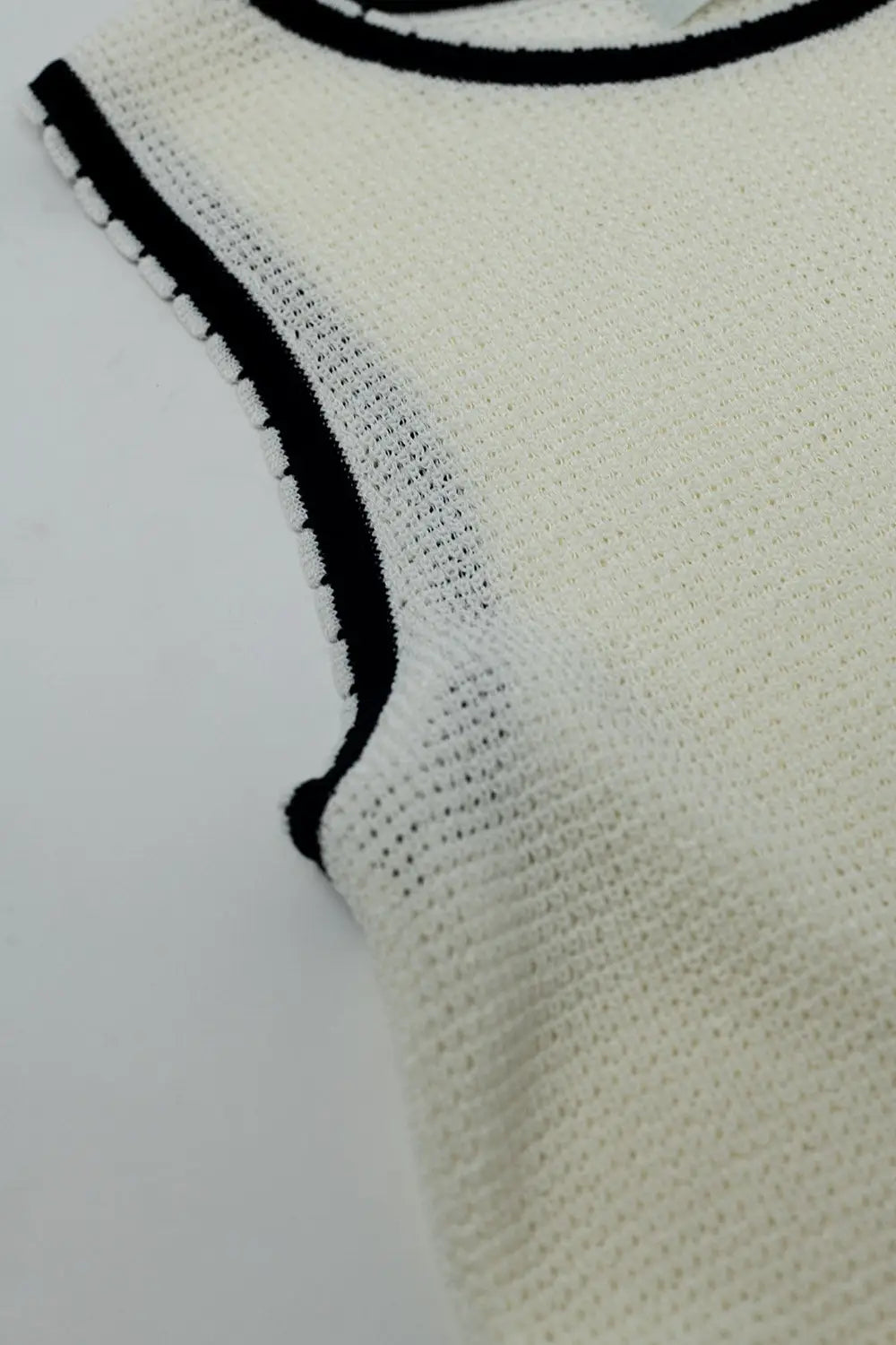 Pointelle White Sleeveless Top With Black and White Trim Detail - Sweaters