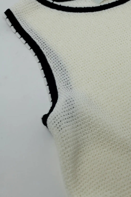 Pointelle White Sleeveless Top With Black and White Trim Detail - Sweaters