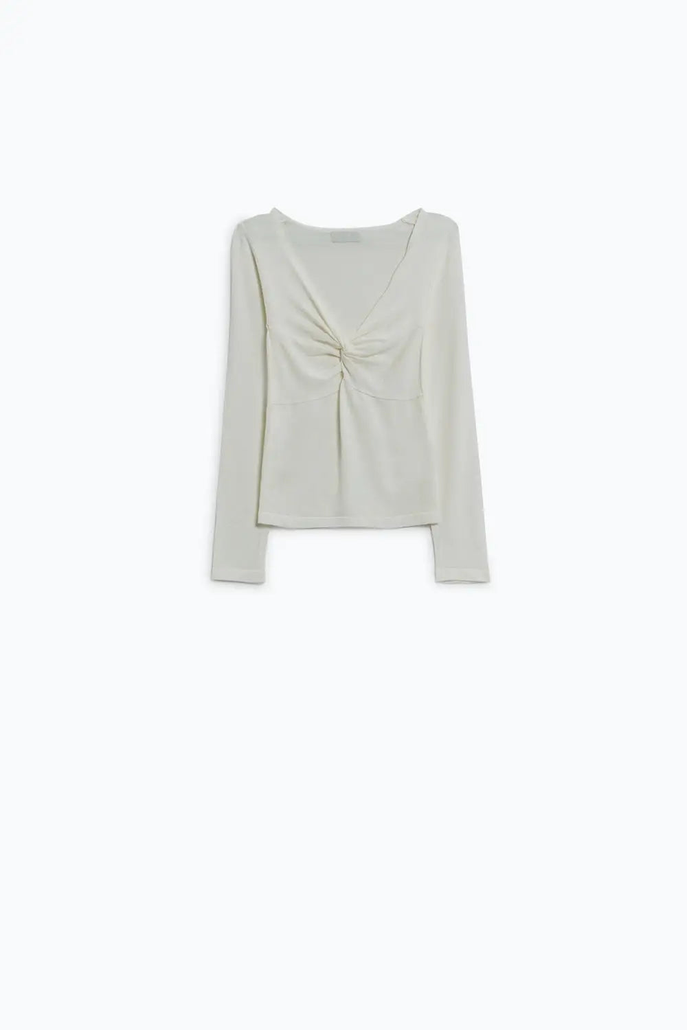 White Long Sleeve Shirt With Knot Detail and V-neck - Sweaters