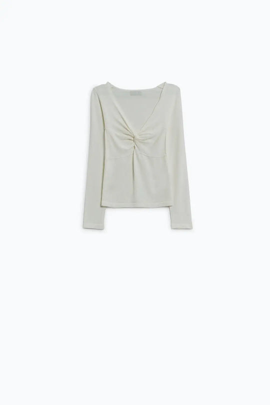 White Long Sleeve Shirt With Knot Detail and V-neck - Sweaters