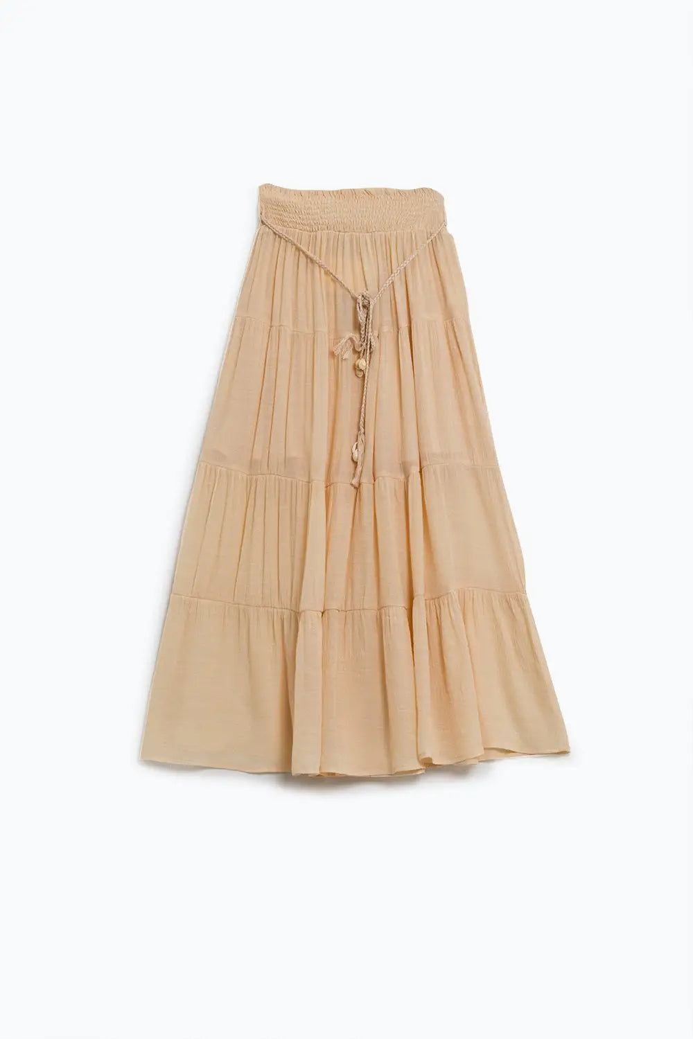 Tiered Maxi Skirt In Beige With Elastic Waist And Shell Details - Skirts