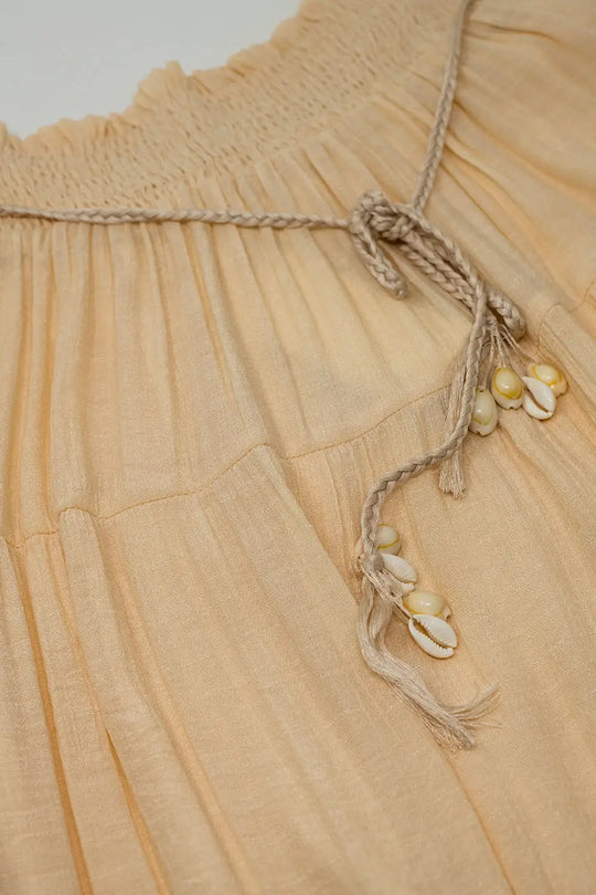 Tiered Maxi Skirt In Beige With Elastic Waist And Shell Details - Skirts