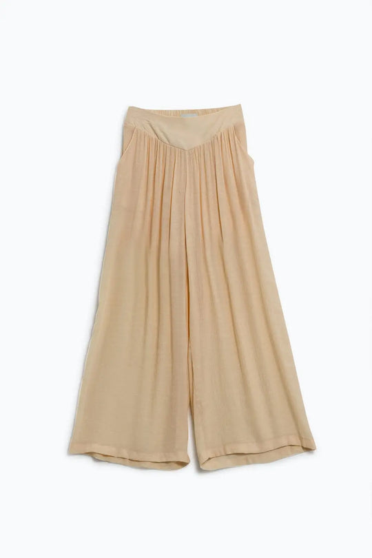 Beige Palazzo style Pants With Side Pockets And Thick Waist Band - Pants