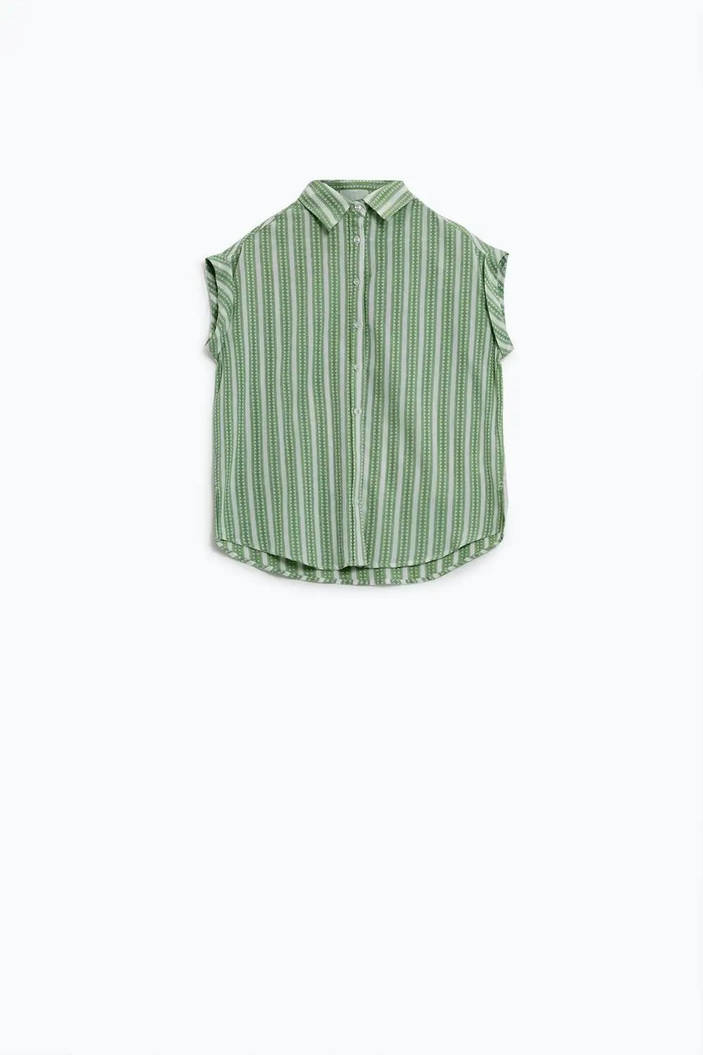 Green Blouse With Vertical Stripes And Short Sleeves - Shirts