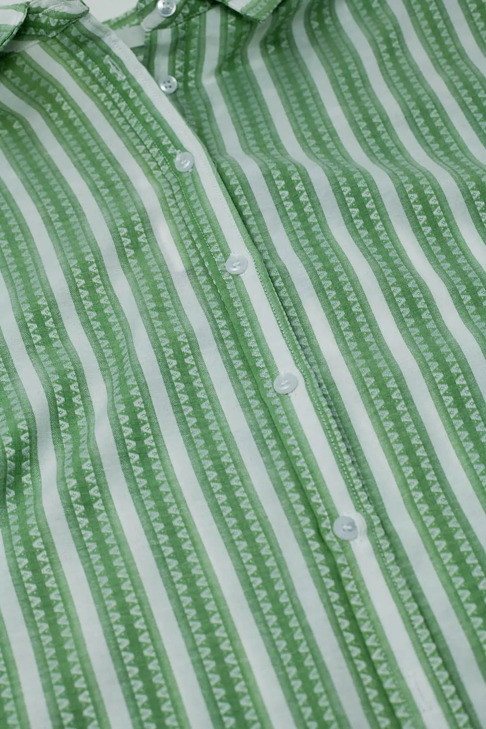 Green Blouse With Vertical Stripes And Short Sleeves - Shirts
