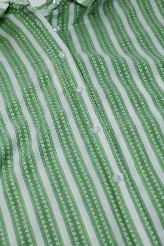 Green Blouse With Vertical Stripes And Short Sleeves - Shirts