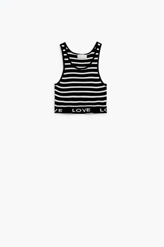 Striped Cropped Top with Love Text in black - BLACK / ONE - Tops