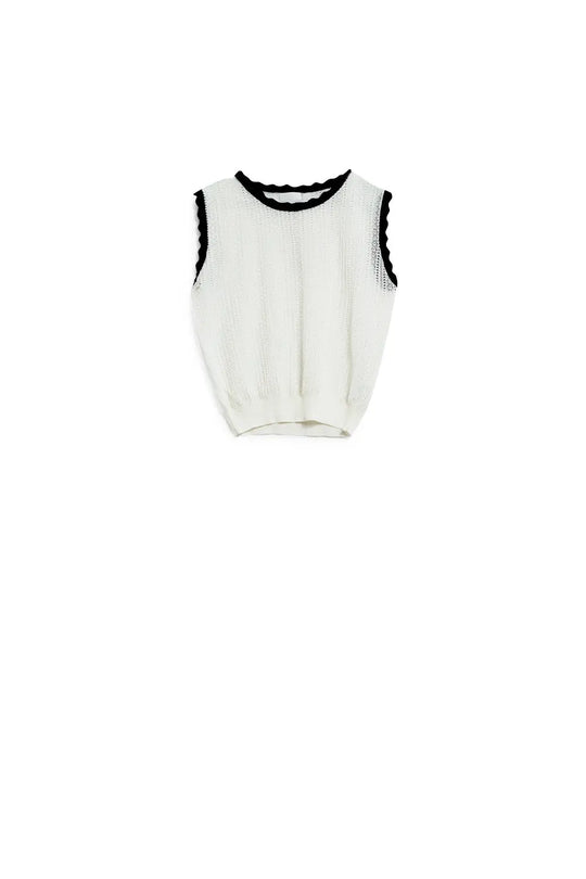 white knitted pointelle top with black wavy trim - Sweaters