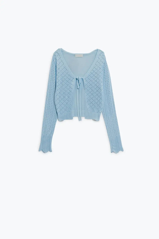 Baby Blue Cardigan with Argyle Print and Tie Closing - BLUE / ONE - Cardigans