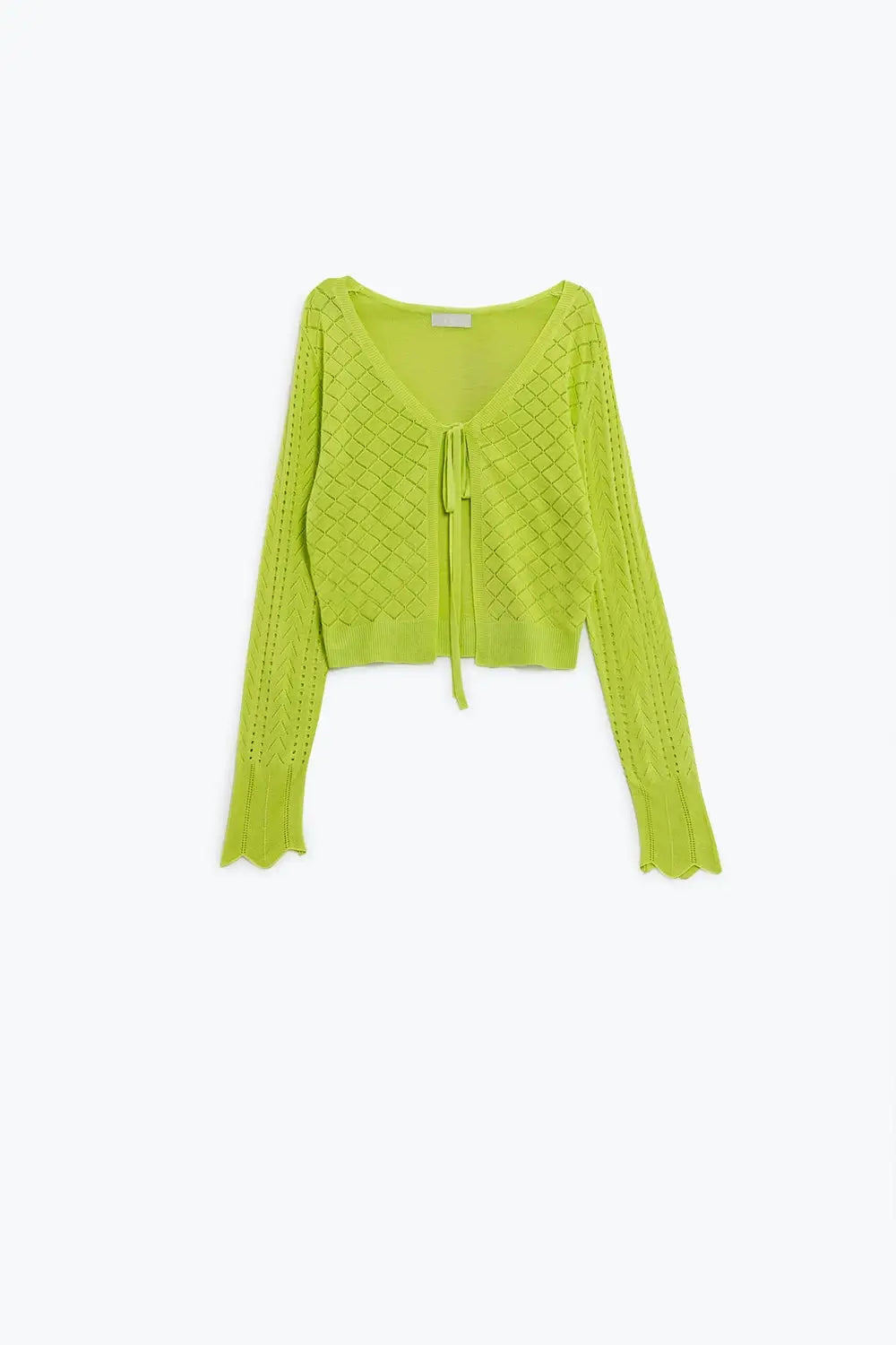 Lime Cardigan with Argyle Print and Tie Closing - YELLOW / ONE - Cardigans