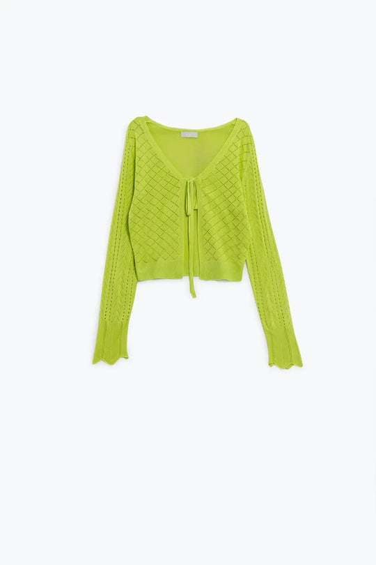 Lime Cardigan with Argyle Print and Tie Closing - YELLOW / ONE - Cardigans