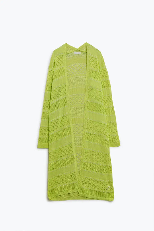 Crochet Maxi Cardigan In Lime With Long Sleeves - YELLOW / ONE - Cardigans