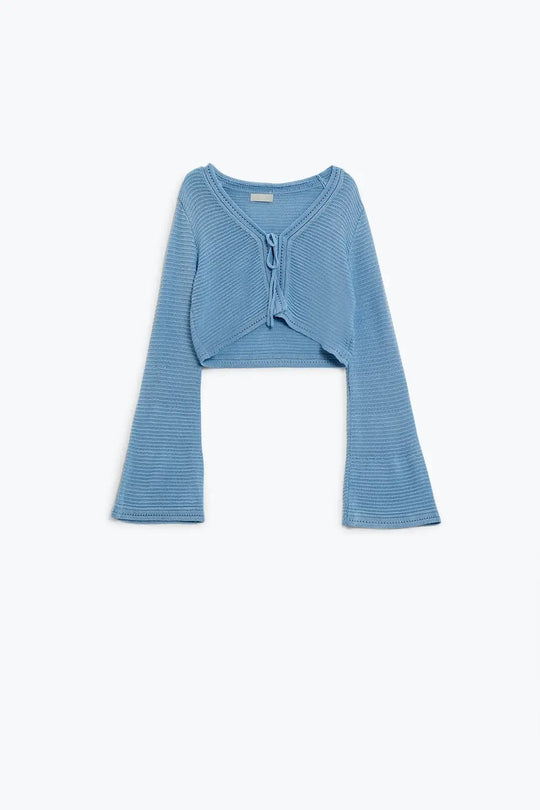 Long Bell Sleeve Knitted Cardigan in blue With knot detail - BLUE / ONE - Cardigans