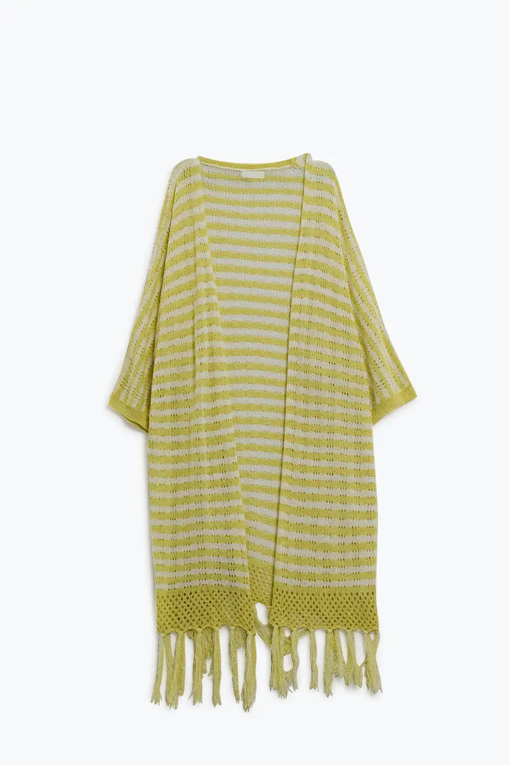 Yellow Boho Style Cardigan With Stripes Pointelle Knit and Fringe Details - YELLOW / ONE - Cardigans
