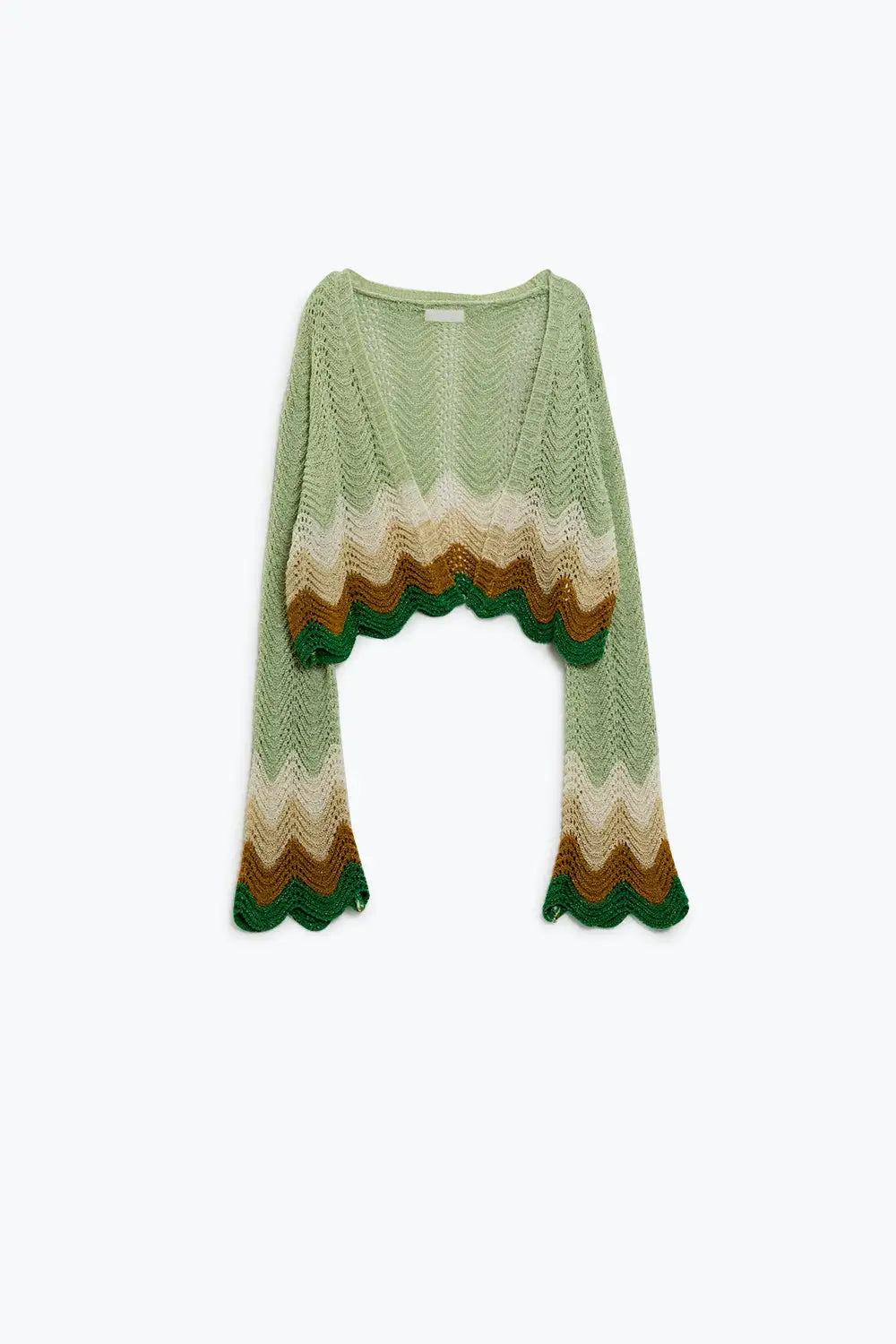 Short knitted cardigan with angel sleeves and wave multicolor detail in green - GREEN / ONE - Cardigans