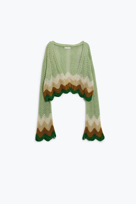 Short knitted cardigan with angel sleeves and wave multicolor detail in green - GREEN / ONE - Cardigans