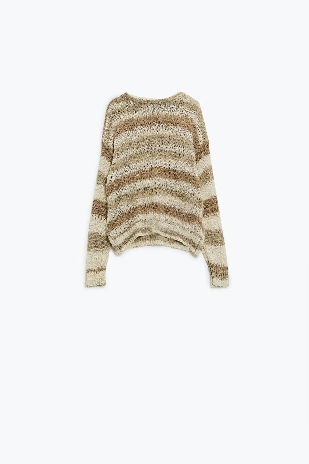 Open Knit Stripey Crew Neck Sweater in Shades of Brown - BEIGE / ONE - Sweaters