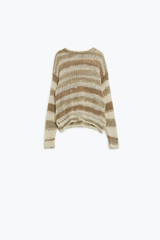 Open Knit Stripey Crew Neck Sweater in Shades of Brown - BEIGE / ONE - Sweaters