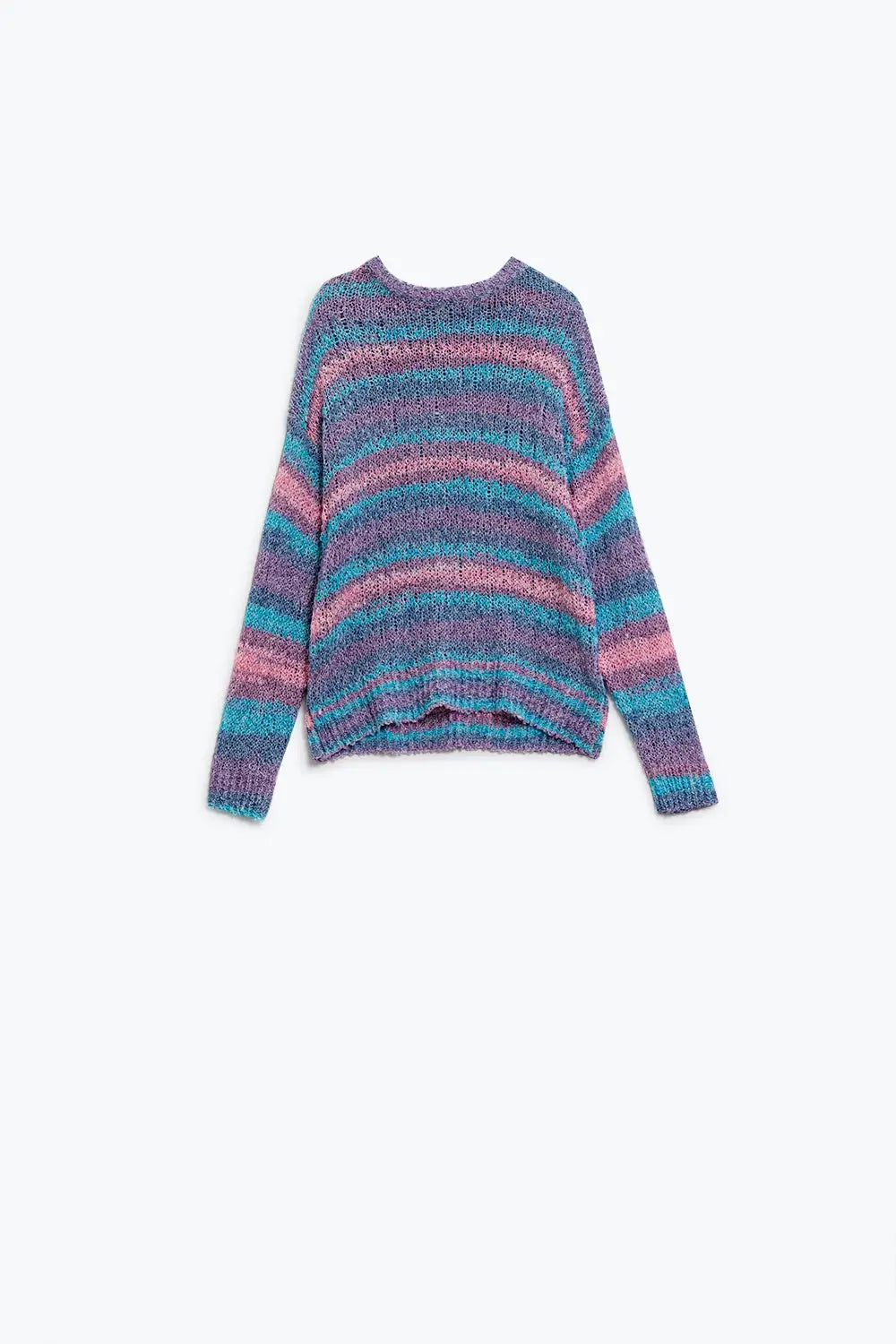 Open Knit Stripey Crew Neck Sweater in Shades of Purple and Blue - PURPLE / ONE - Sweaters