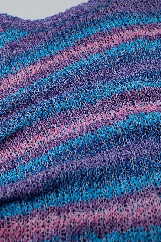 Open Knit Stripey Crew Neck Sweater in Shades of Purple and Blue - PURPLE / ONE - Sweaters