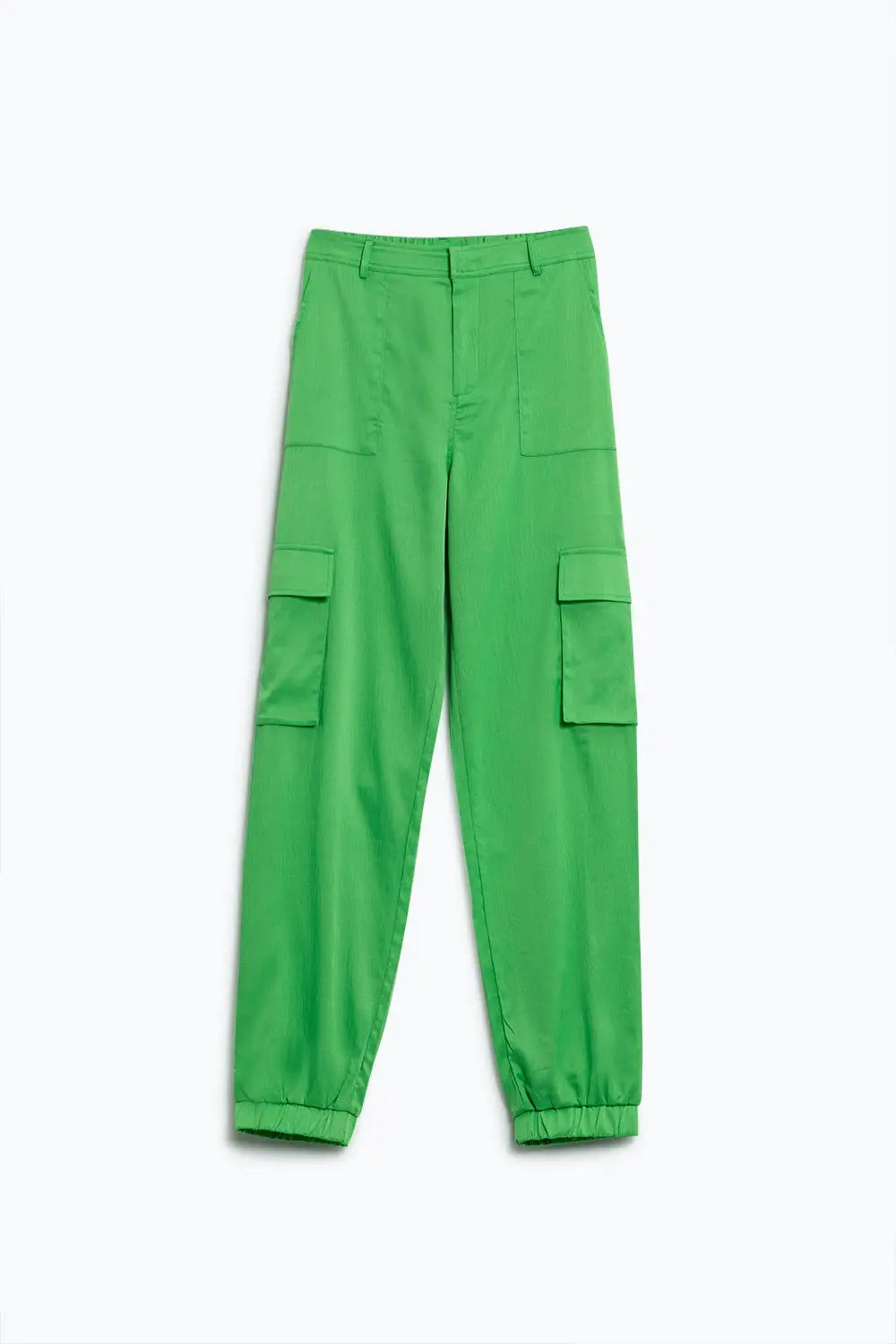 Green satin Pants With Side Pockets And Belt Hoops - Pants