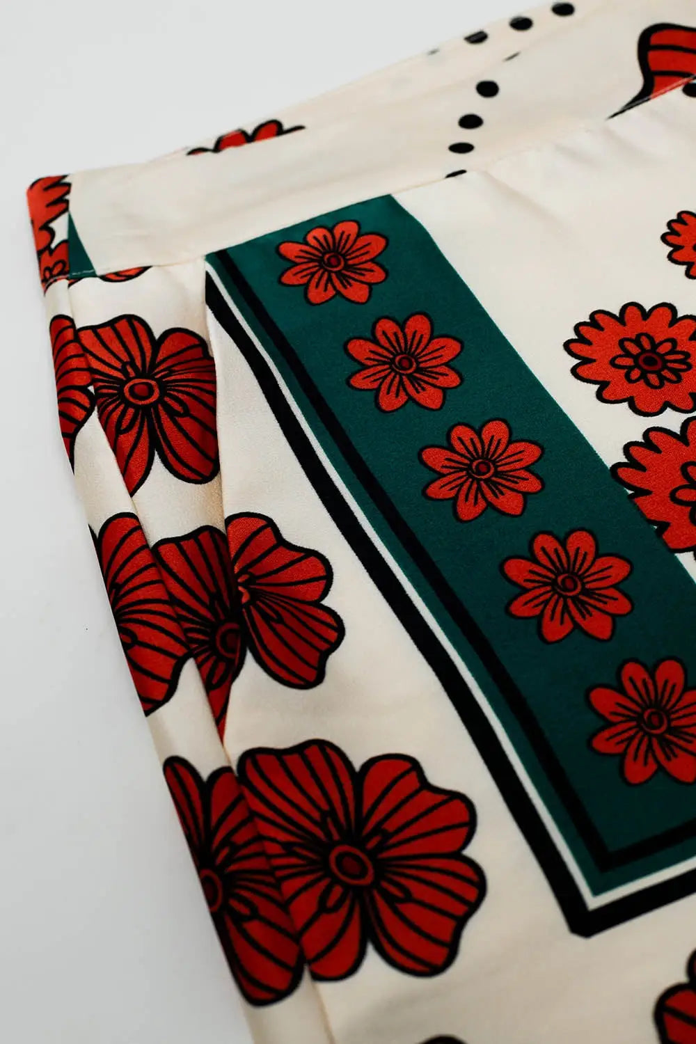 Satin Creme Flared Pants With Floral Design - Pants