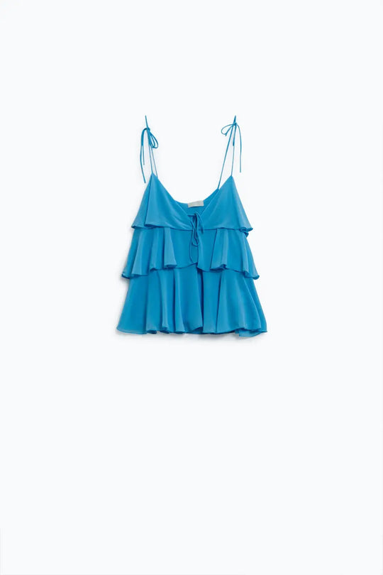 Ruffle Top WIth Thin straps in Blue - Tops